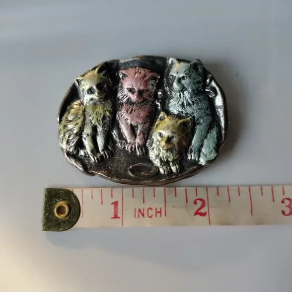 Oval Cat Pin‎ Brooch Silver Tone Pink Blue Yellow - Picture 5 of 5